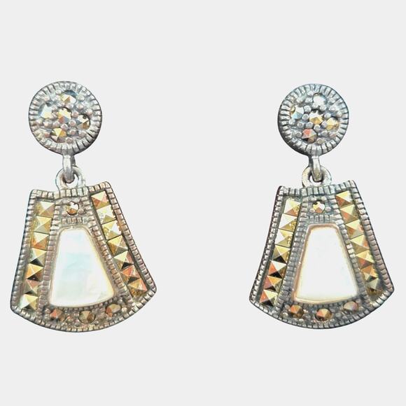 Marcasite & Mother of Pearl Dangle Earrings Thailand 925 A Sterling Silver NEW - Picture 4 of 12